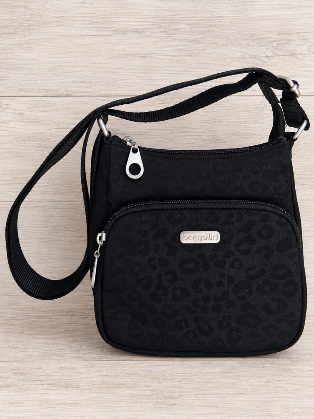 Baggallini Black Leopard Print Nylon Crossbody Bag